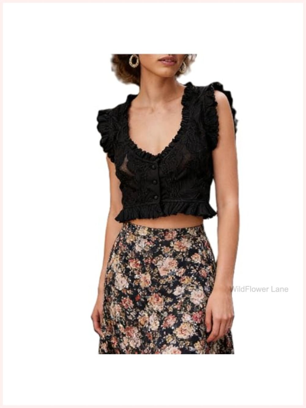 Women's Mesh Crop Tank Top Embroidered Ruffle Sleeveless Y2K Retro Summer Top